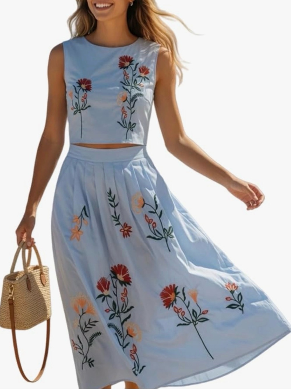 Light Blue Two-Piece Floral Embroidered Set